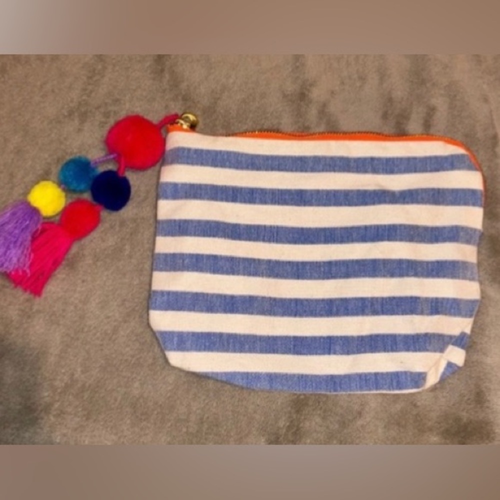 Anthropologie Clutch bag Cotton Blue Bone Stripes Red Yellow Blue Pom Pom Tassel